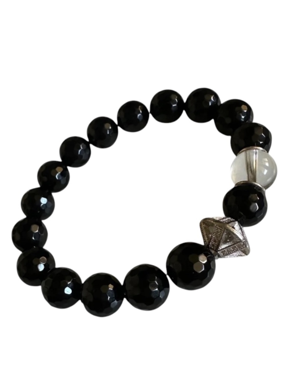 10mm Black Onyx Stretch Bracelet Silver Clear Quartz Pave Spacer